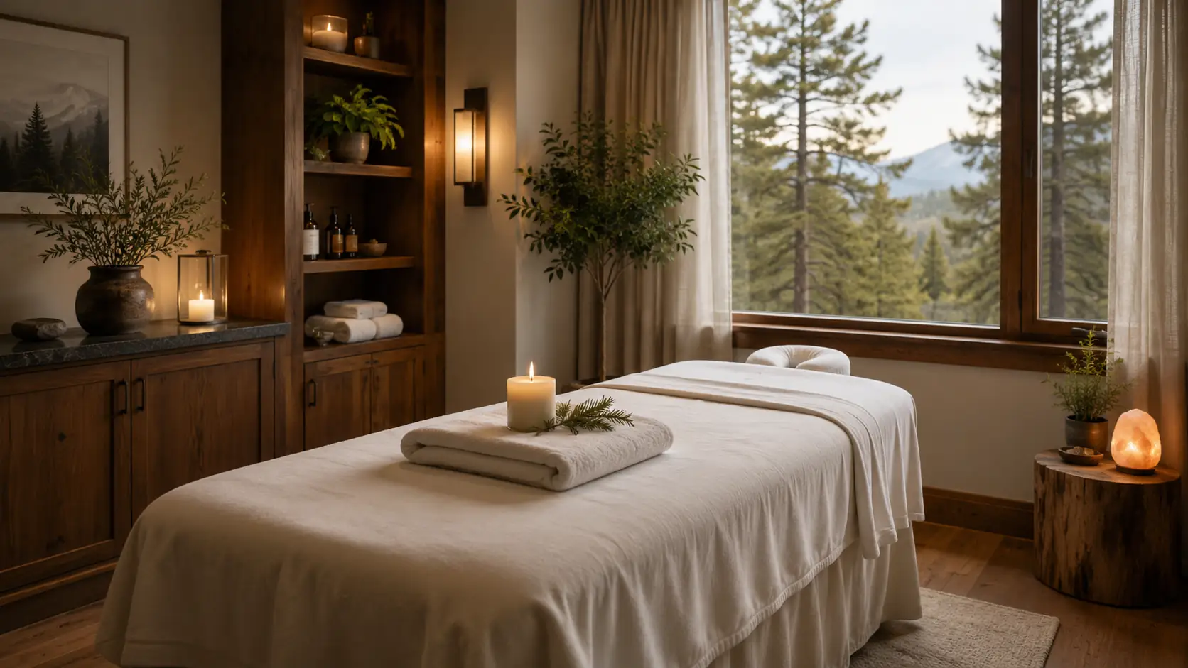 Serene massage treatment room with warm wood, soft linens, and a window onto pine forest