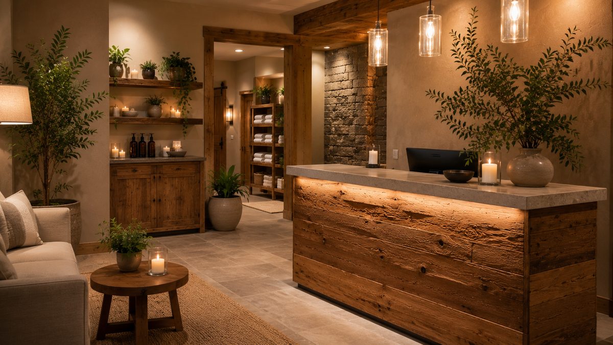 Warm spa reception with a wood front desk and soft seating