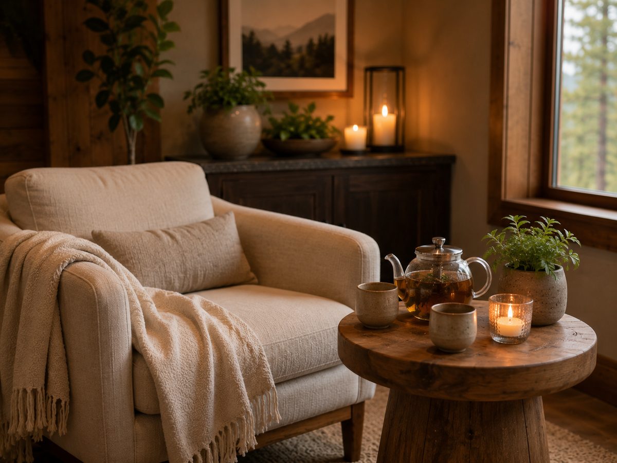 Quiet relaxation lounge with herbal tea and soft blankets