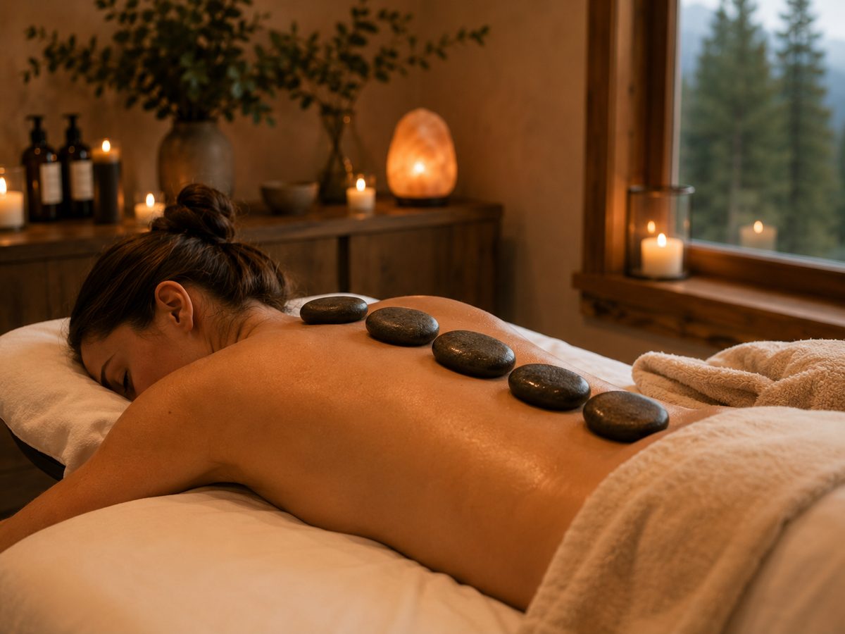 Smooth heated stones arranged along a relaxed client's back