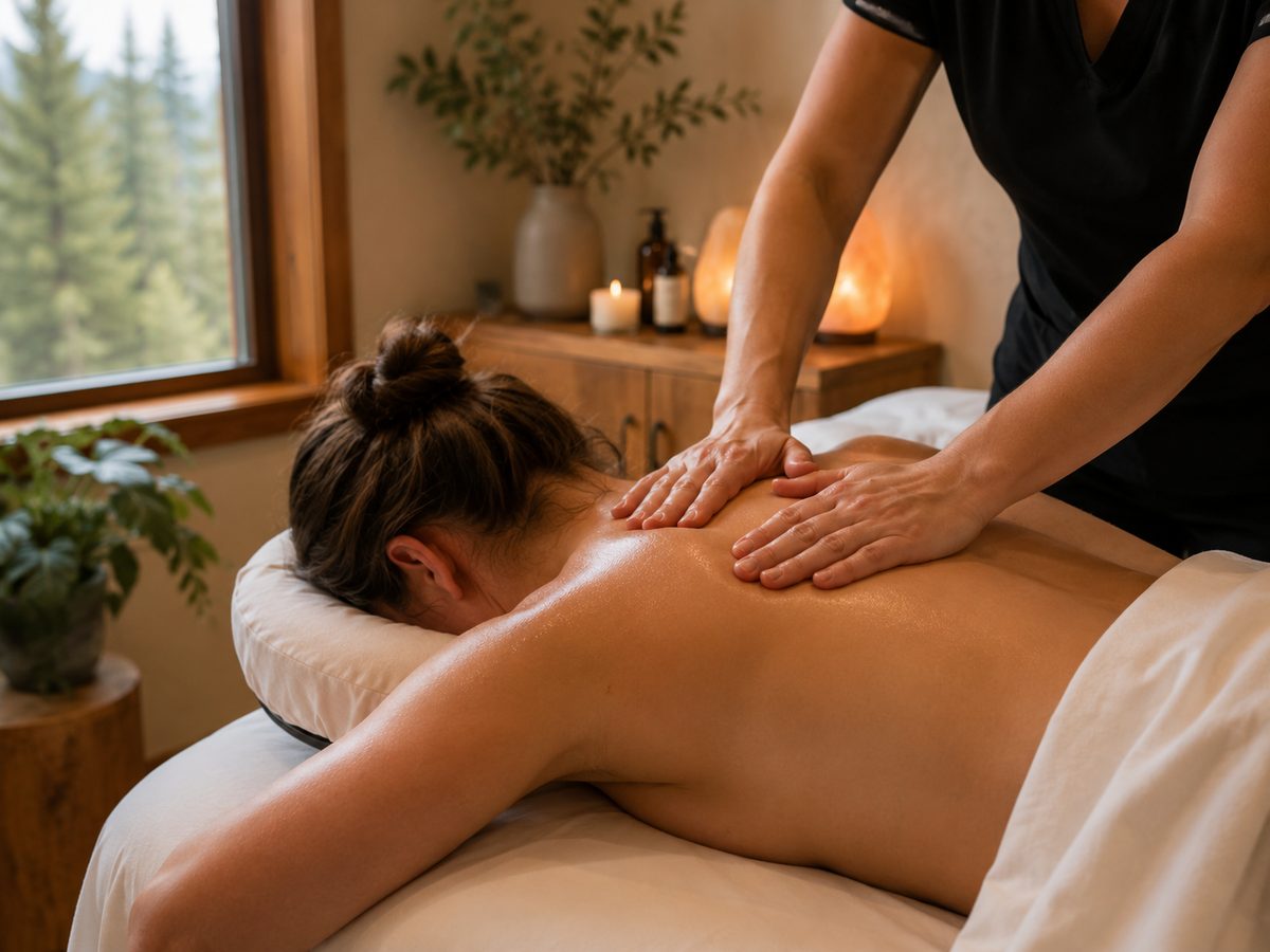 Therapist's hands working gently on a client's upper back during a relaxation massage